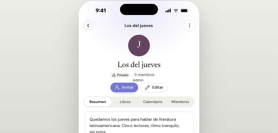 Club de lectura en Readendar con portada superior y pestañas internas