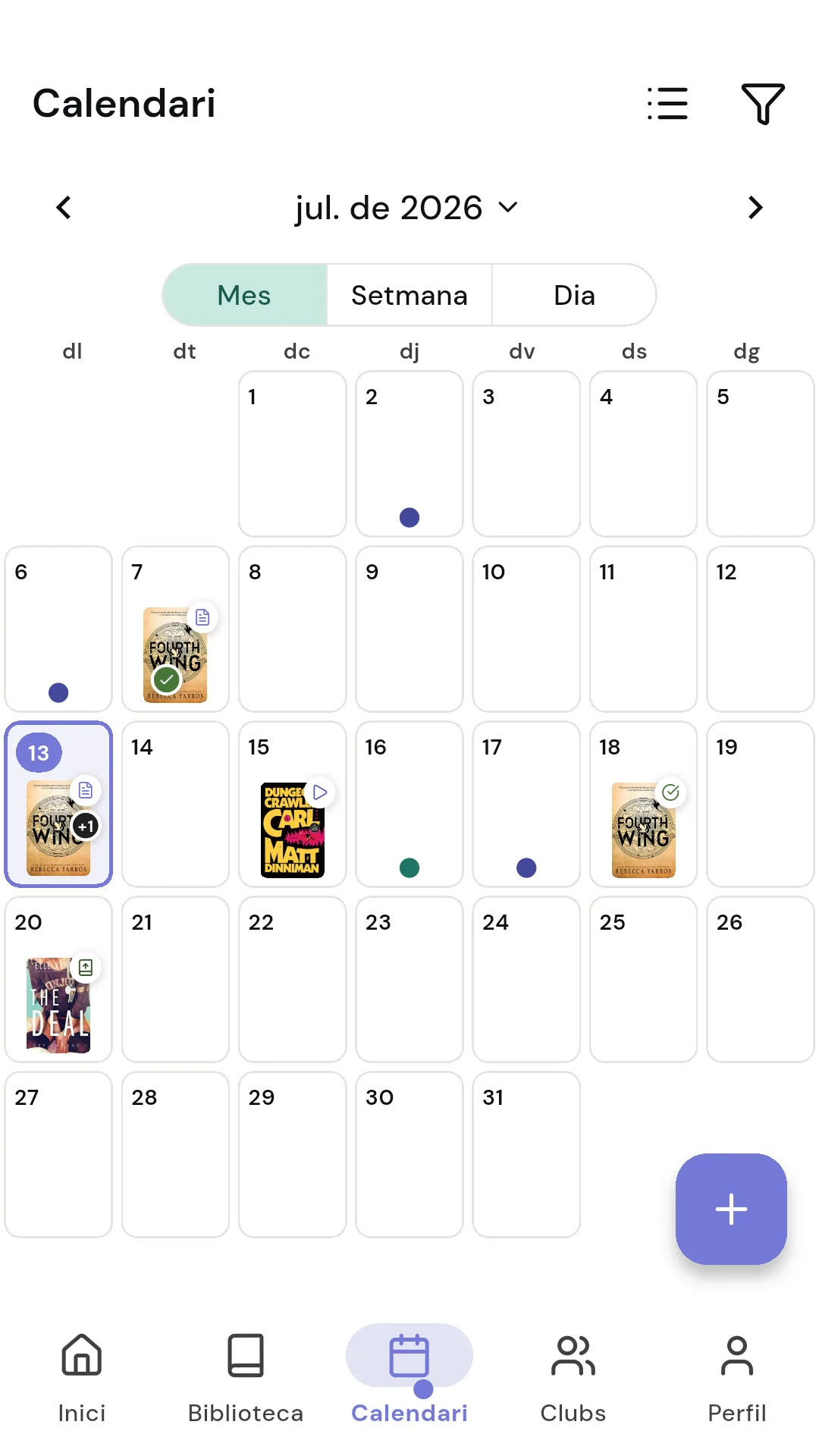 Pantalla d'inici de Readendar amb llibres en curs i accessos ràpids