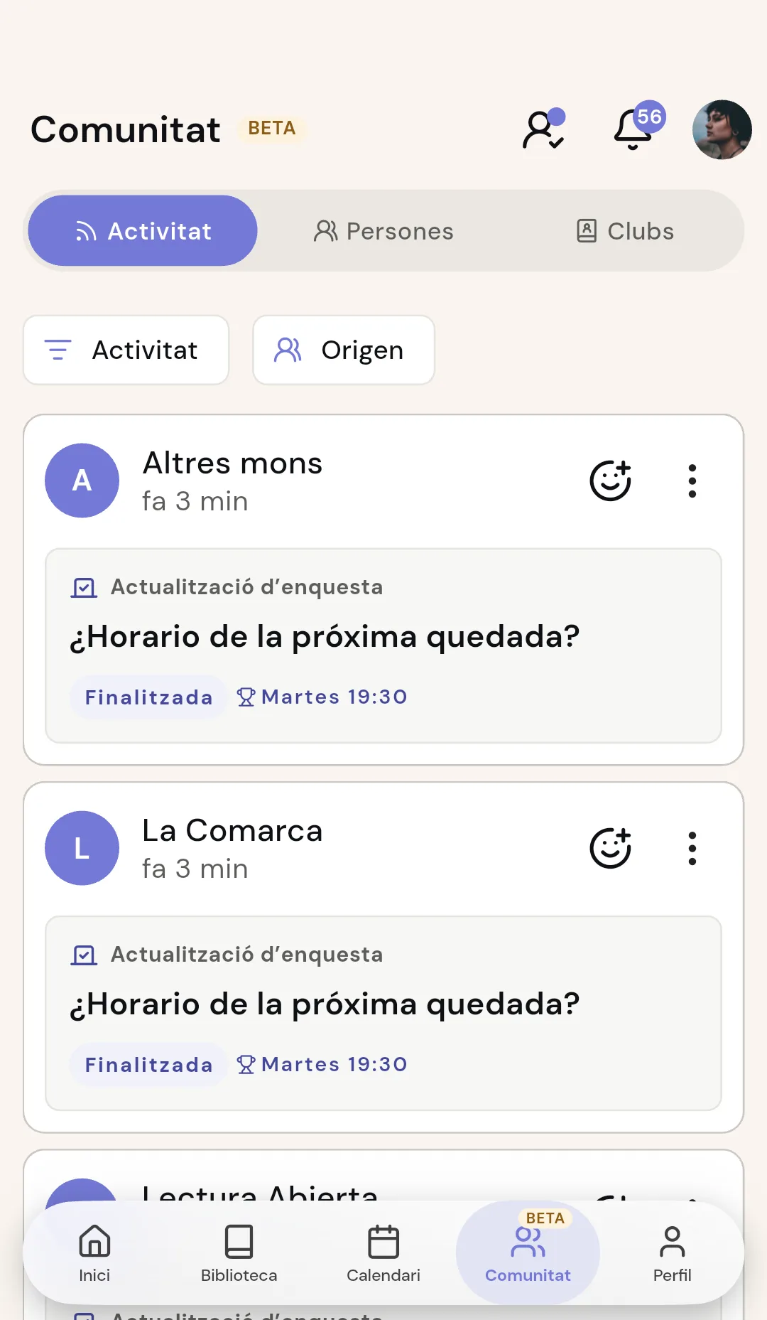 Feed de comunitat de Readendar amb actualitzacions de lectura