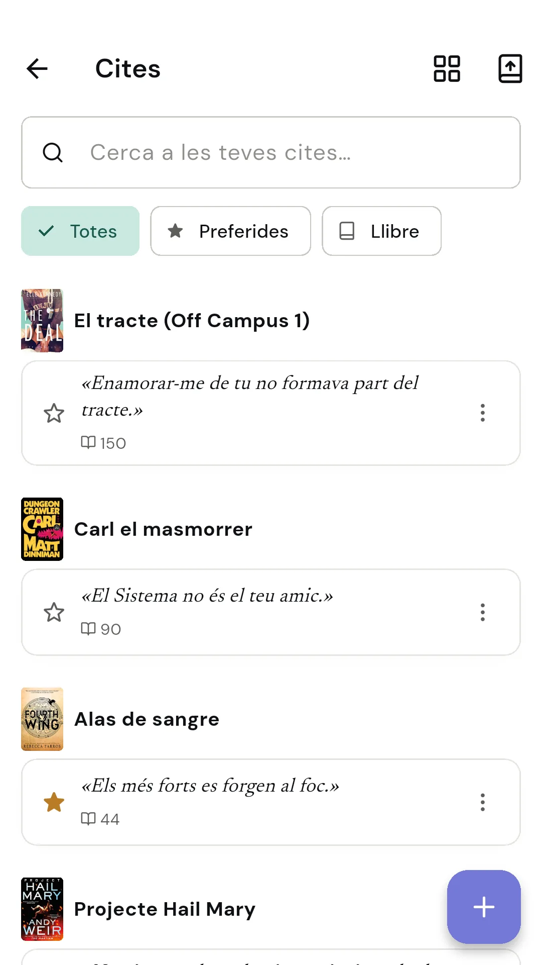 Pantalla d'inici de Readendar amb llibres en curs i accessos ràpids
