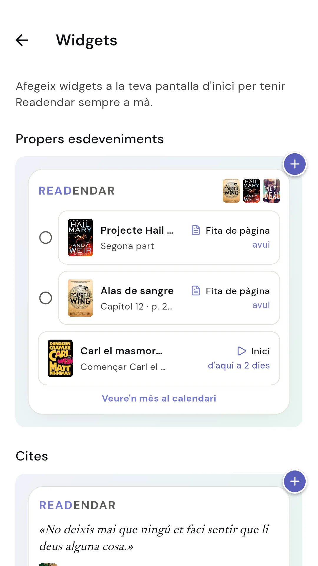 Widgets de Readendar a la pantalla d'inici