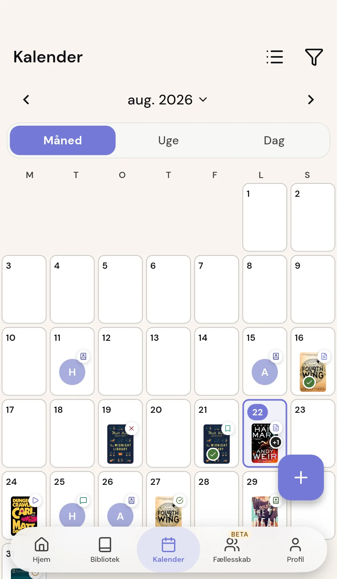 Readendars månedskalender med læsemål
