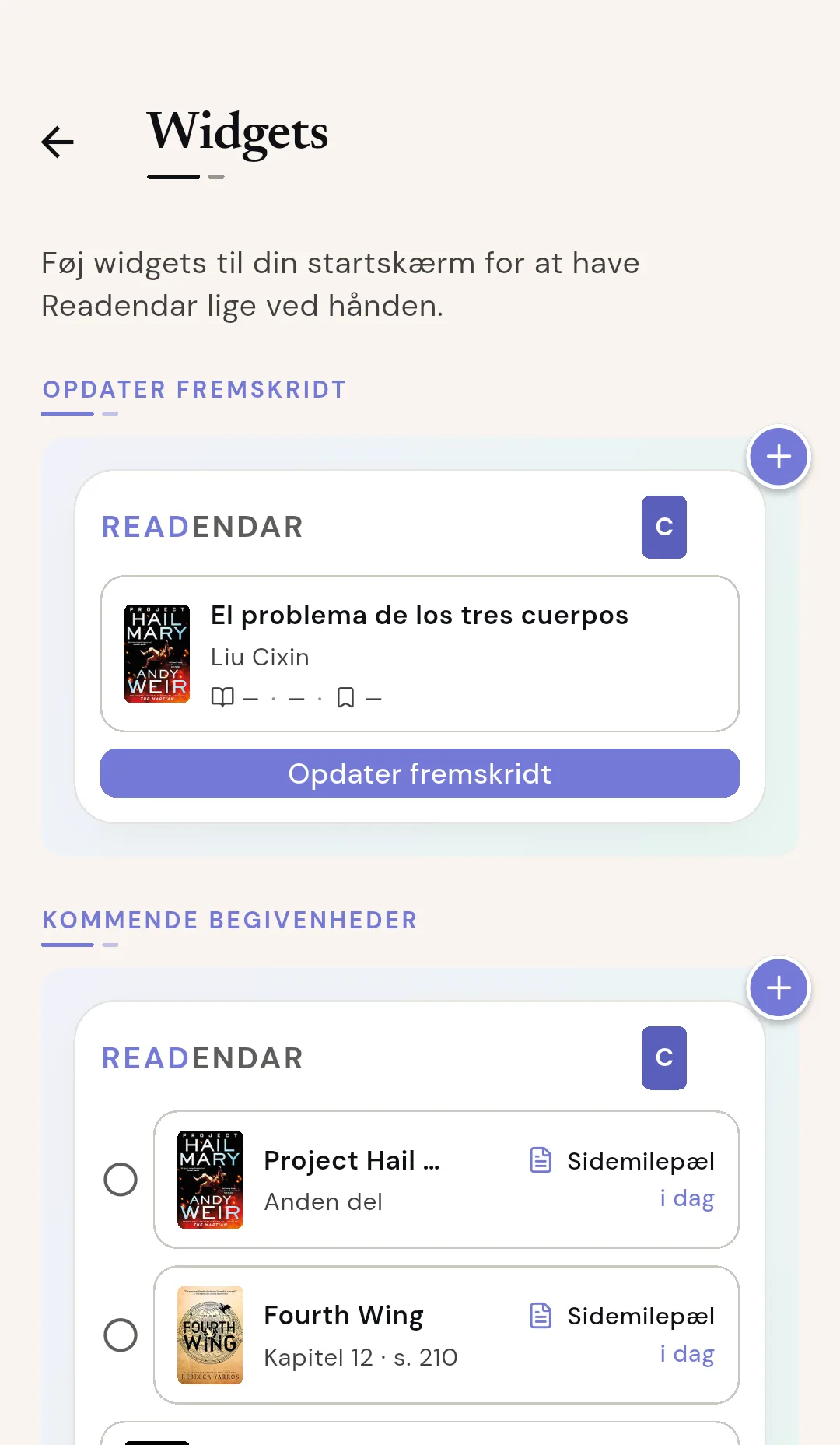 Readendar-widgets på startskærmen