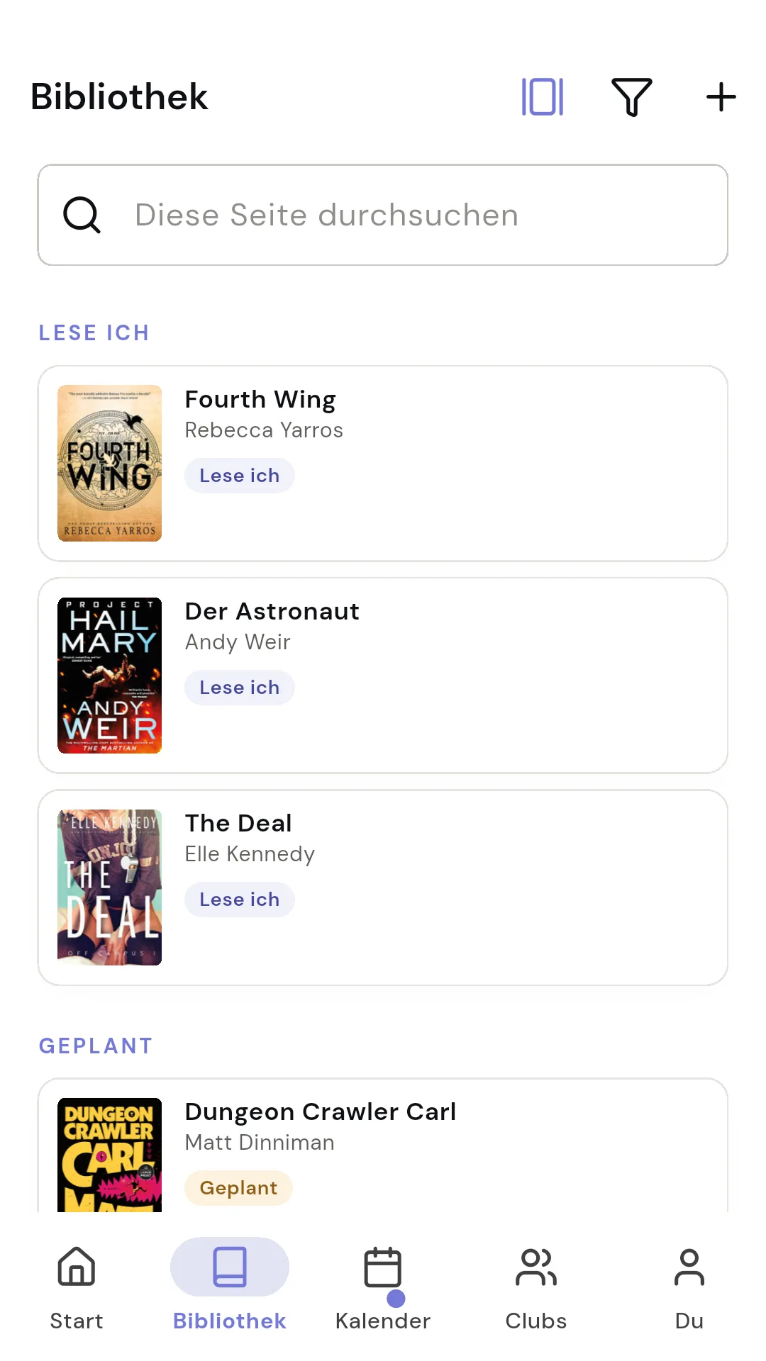 Readendar-Bibliothek mit Covern und Lesestatus