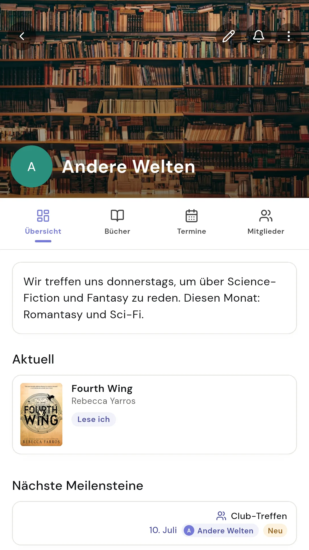 Detail eines Leseclubs mit Lektüren und Terminen