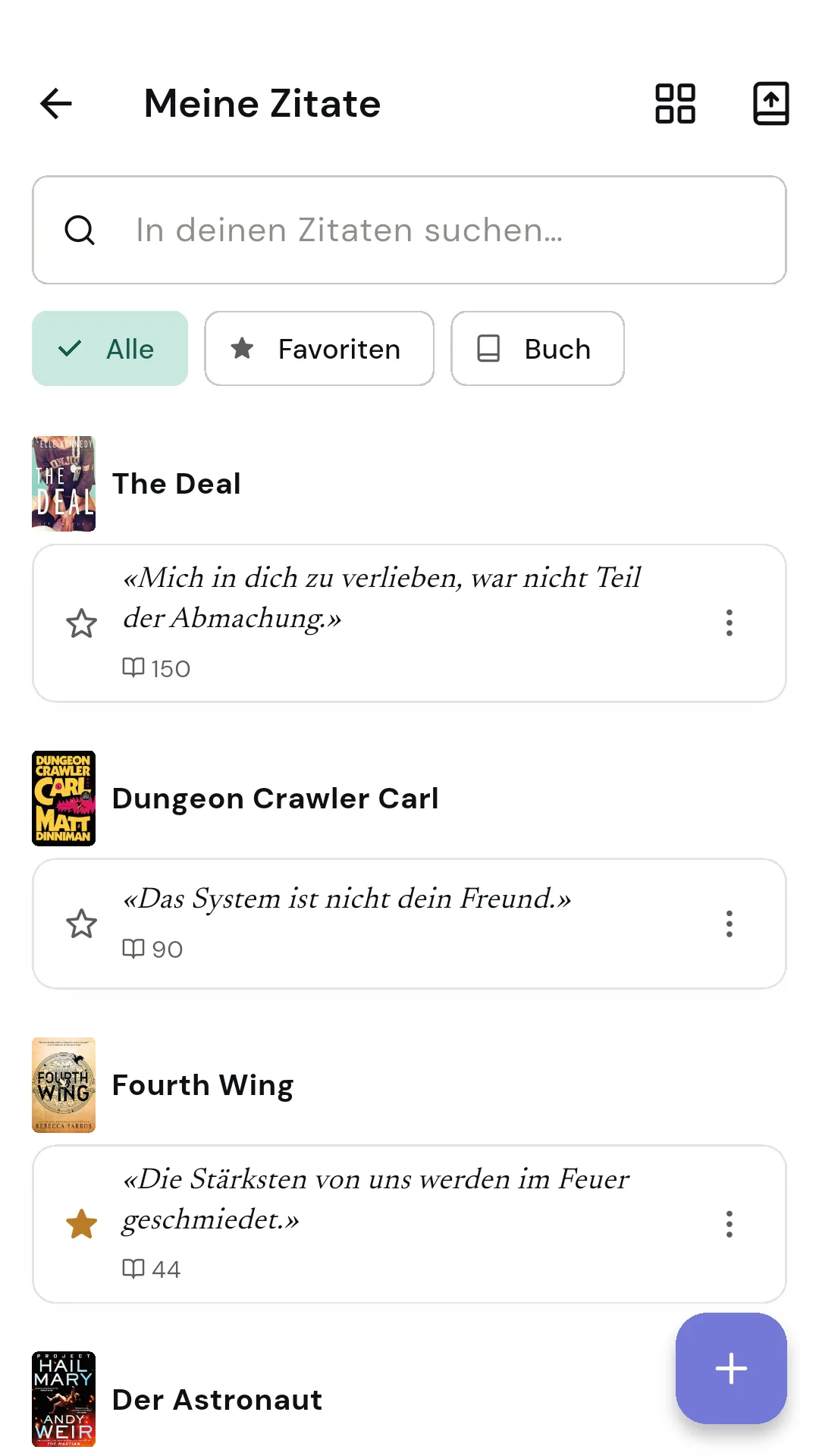Startbildschirm von Readendar mit laufenden Büchern und Schnellzugriffen