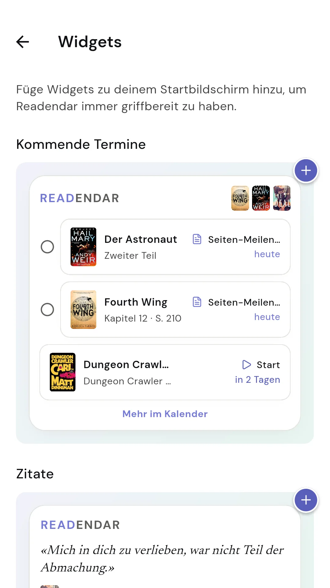 Readendar-Widgets auf dem Startbildschirm