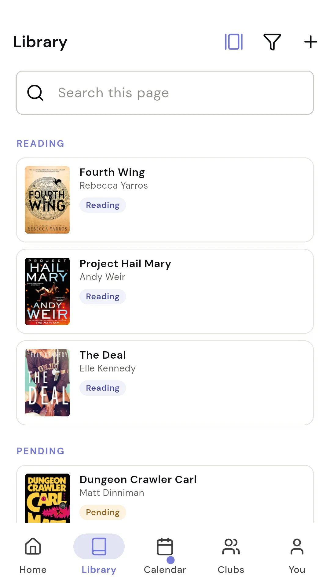 Readendars bibliotek med omslag og læsestatusser