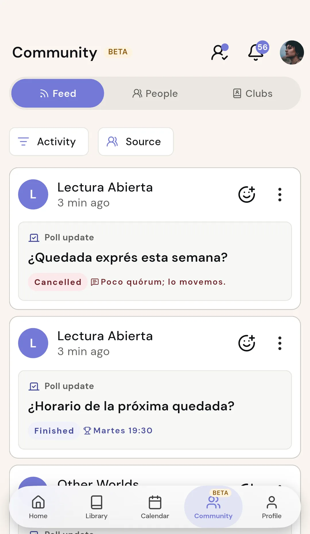 Readendar community feed with reading updates