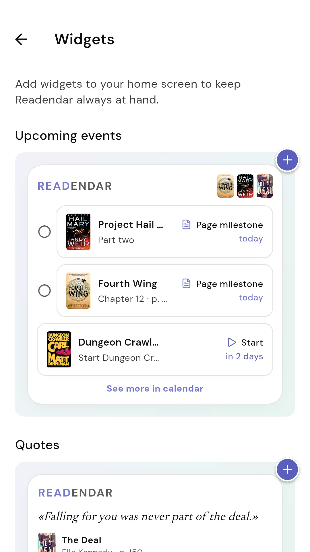 Readendar-widgets på startskærmen