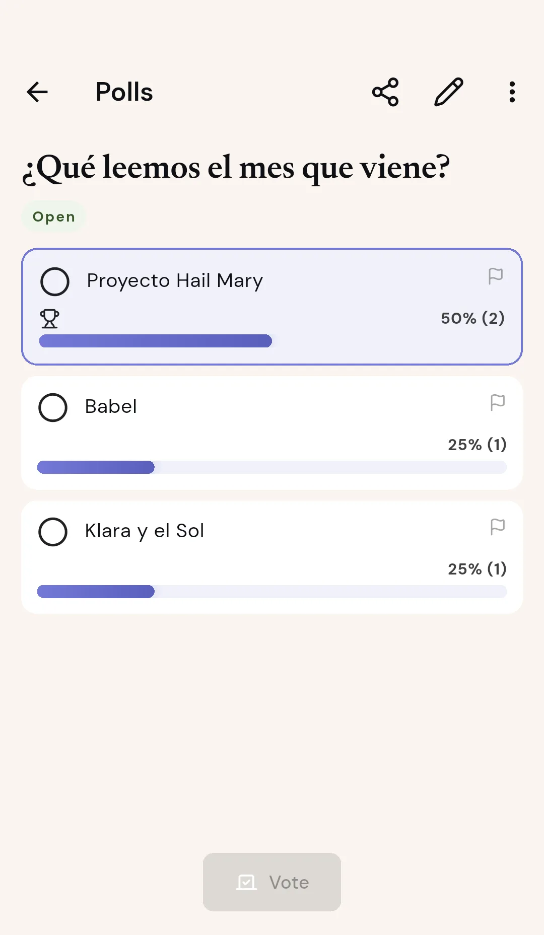 Club poll to choose the next read