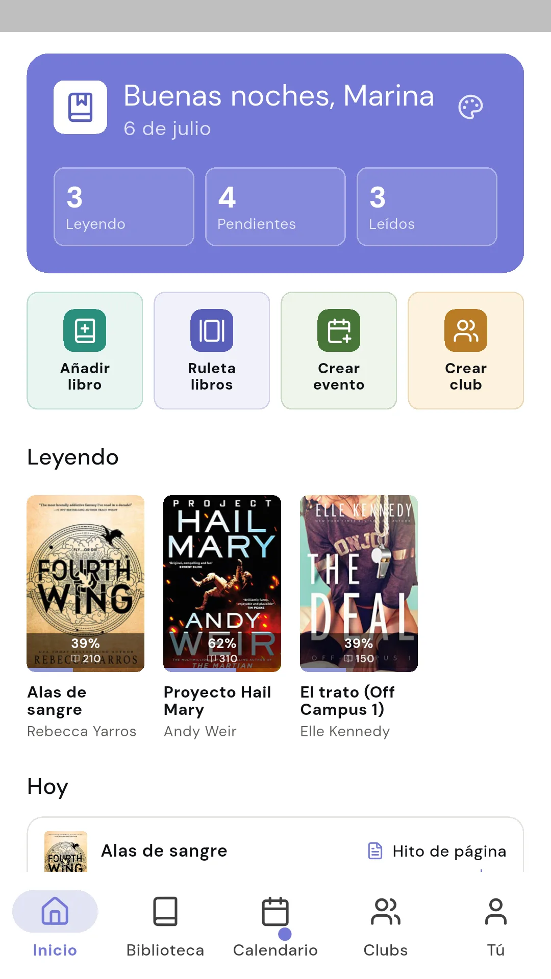 Pantalla de inicio de Readendar con libros en curso y accesos rápidos