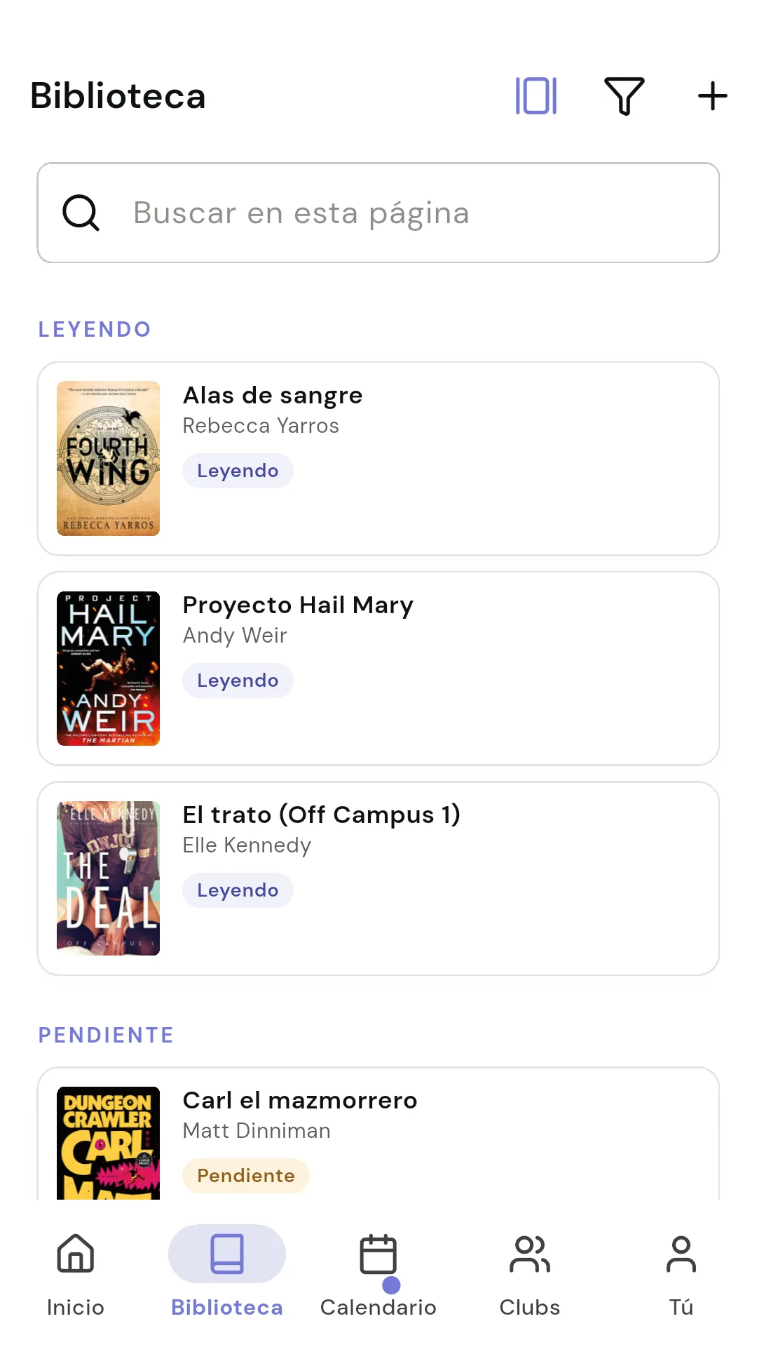 Biblioteca de Readendar con portadas y estados de lectura