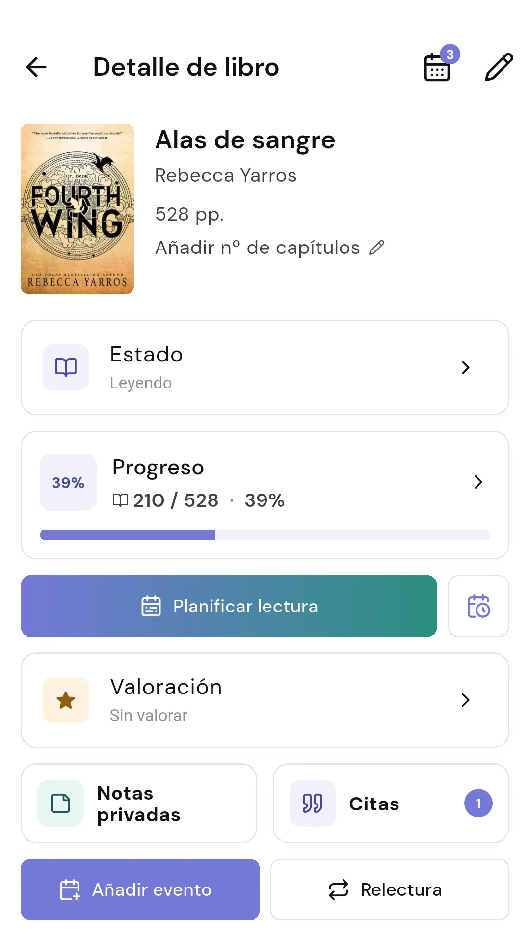 Planificador de lectura repartiendo hitos en el calendario