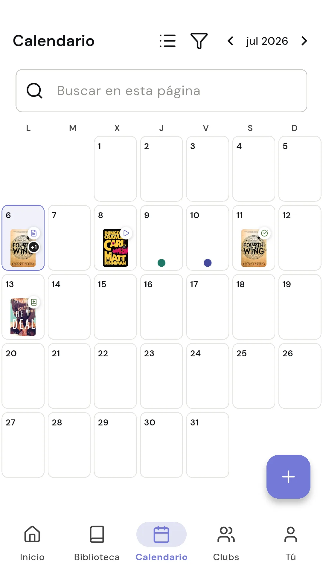 Pantalla de inicio de Readendar con libros en curso y accesos rápidos