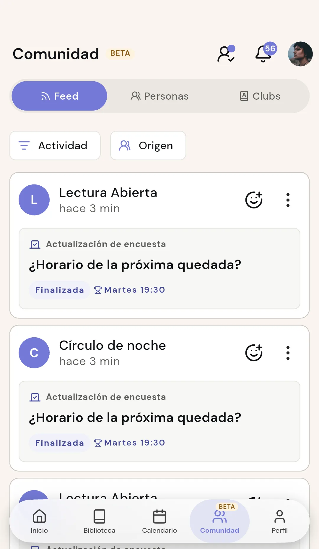 Feed de comunidad de Readendar con actualizaciones de lectura