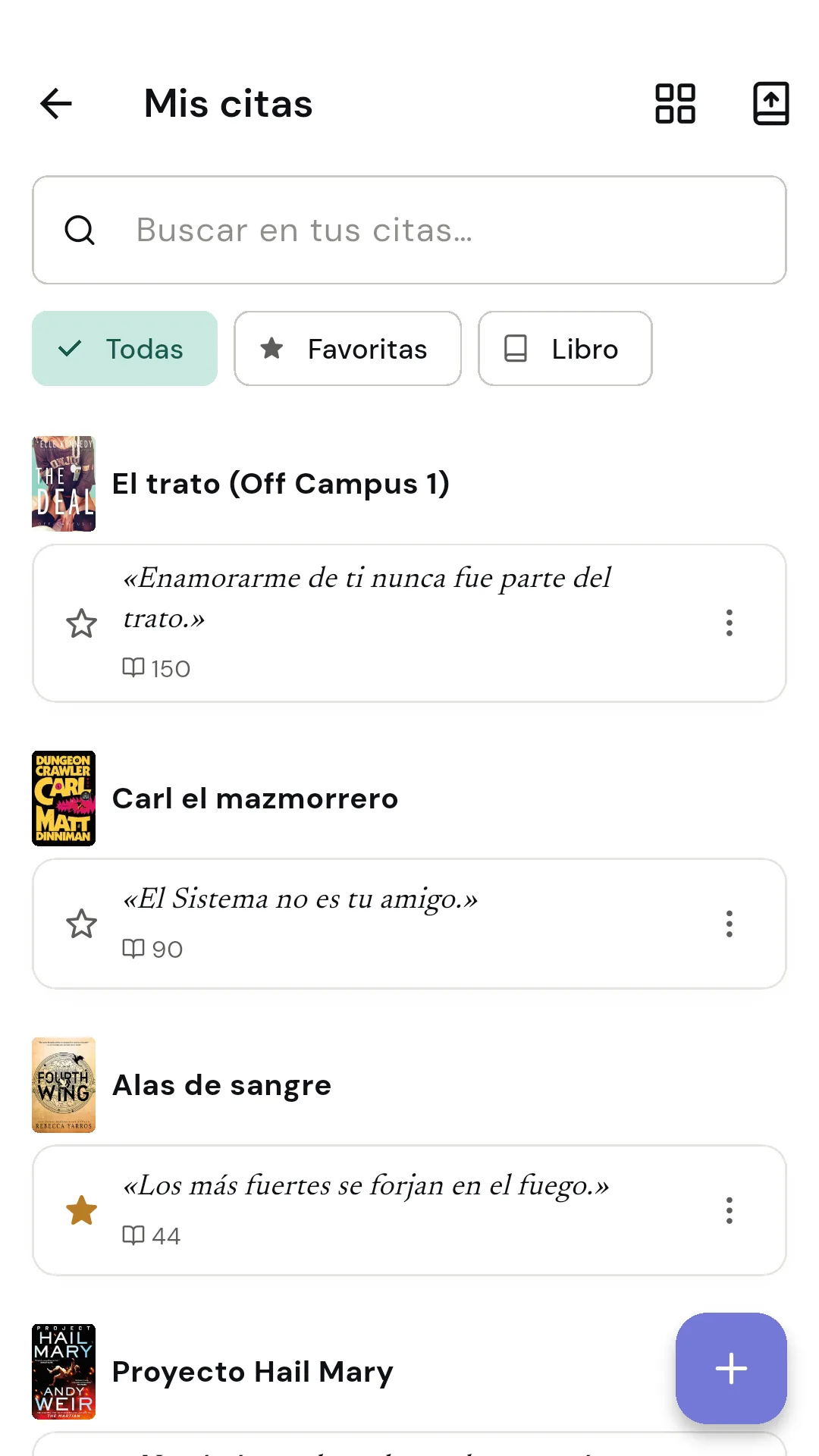 Pantalla de inicio de Readendar con libros en curso y accesos rápidos