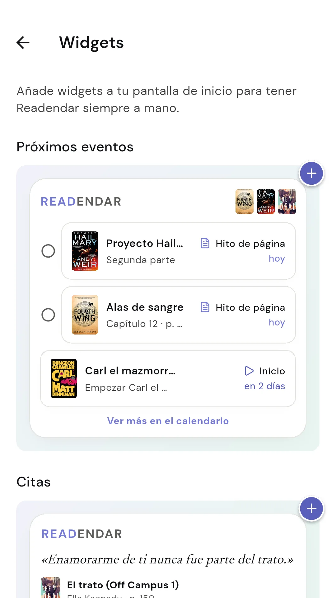 Widgets de Readendar en la pantalla de inicio