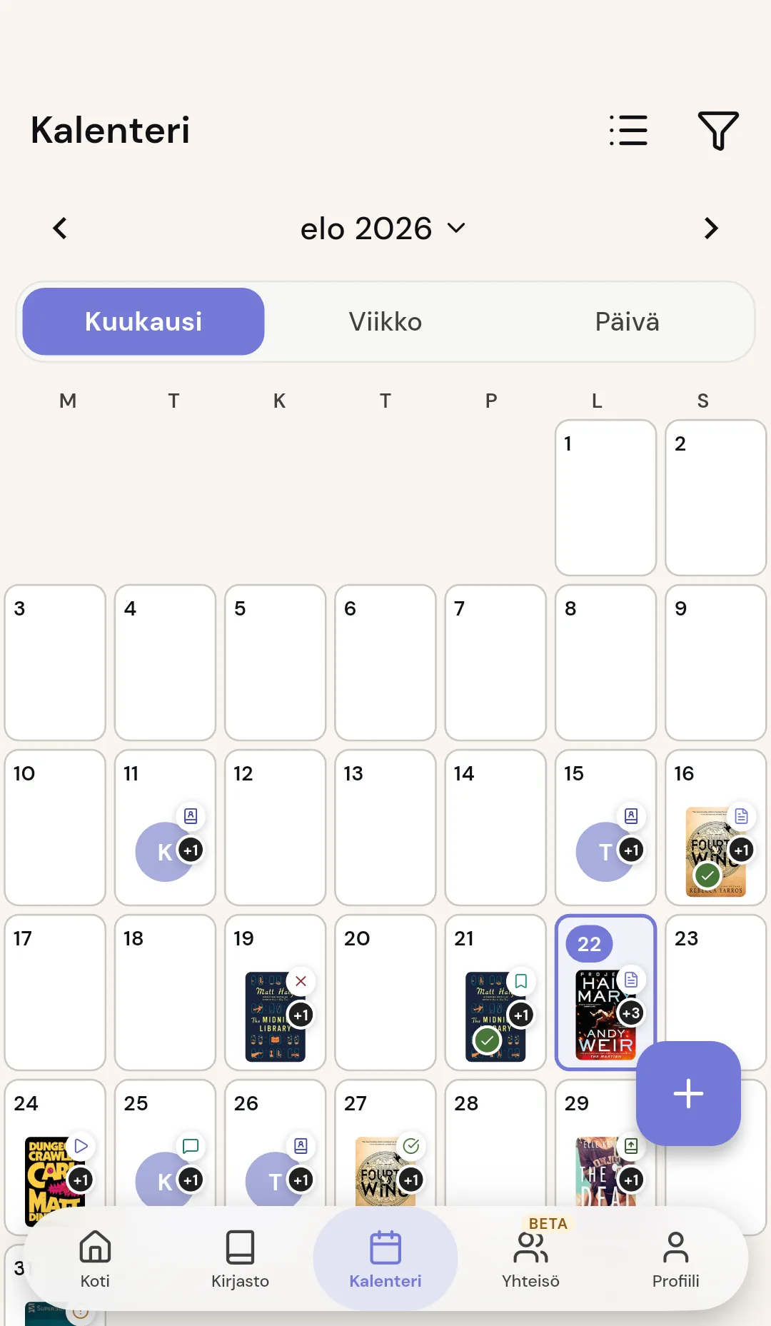 Readendarin kuukausikalenteri lukutavoitteineen