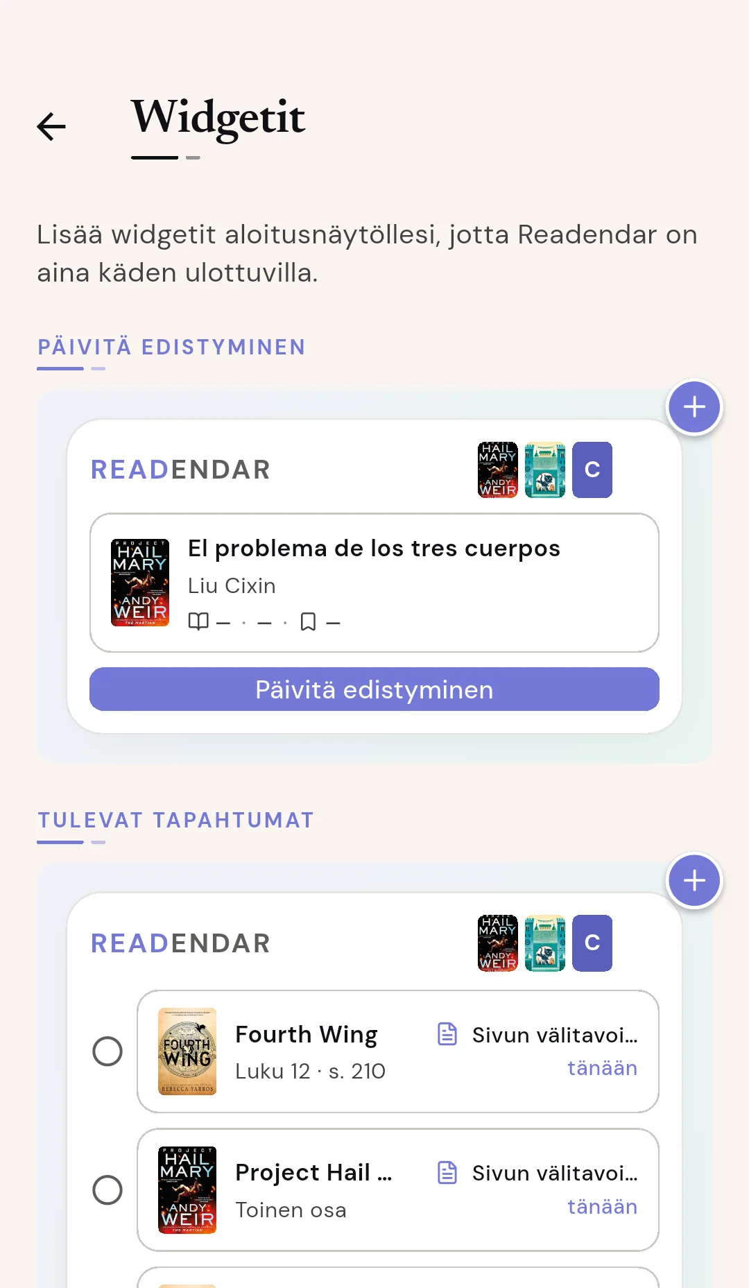 Readendar-widgetit aloitusnäytöllä