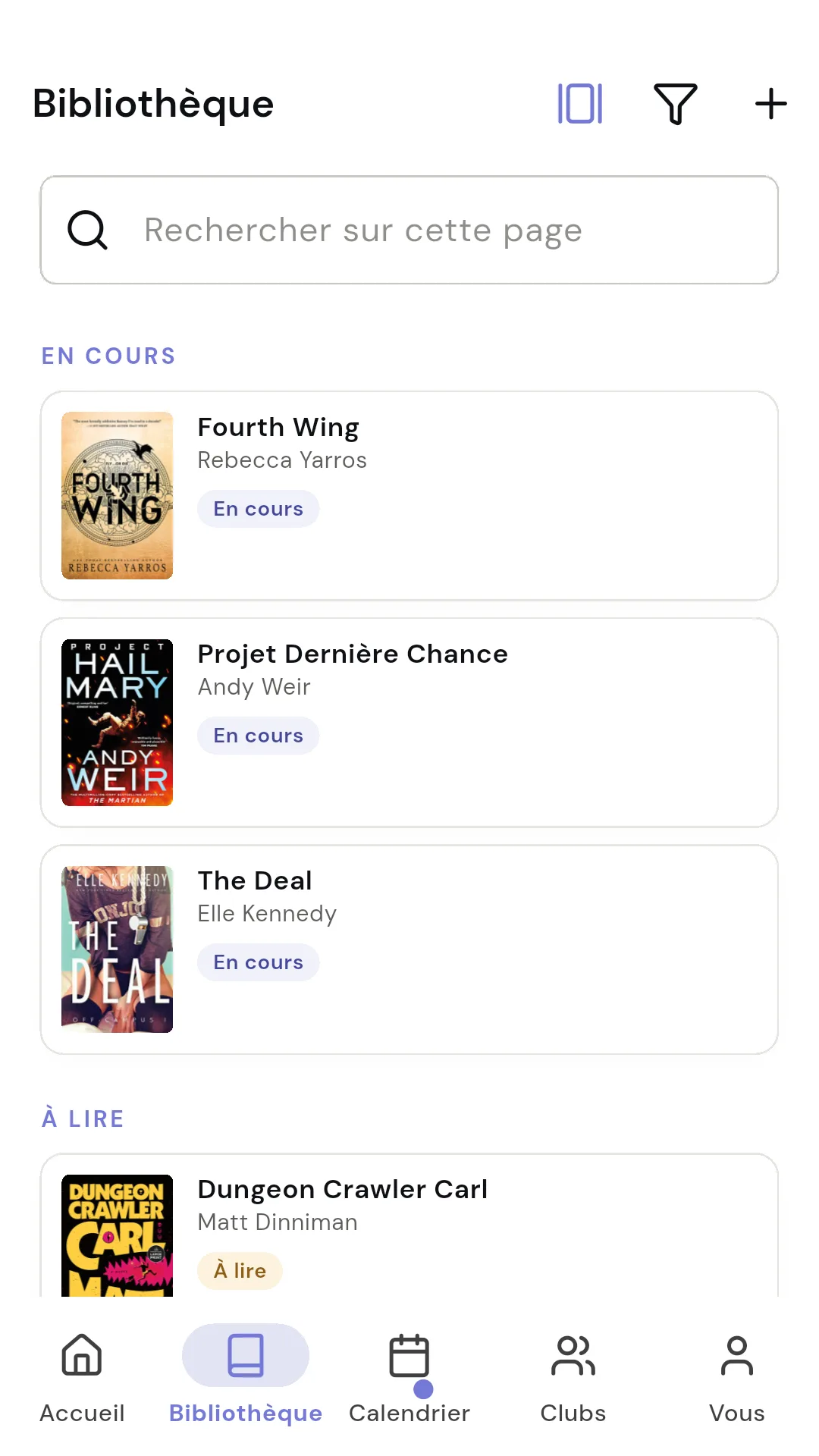 Bibliothèque de Readendar avec les couvertures et les statuts de lecture
