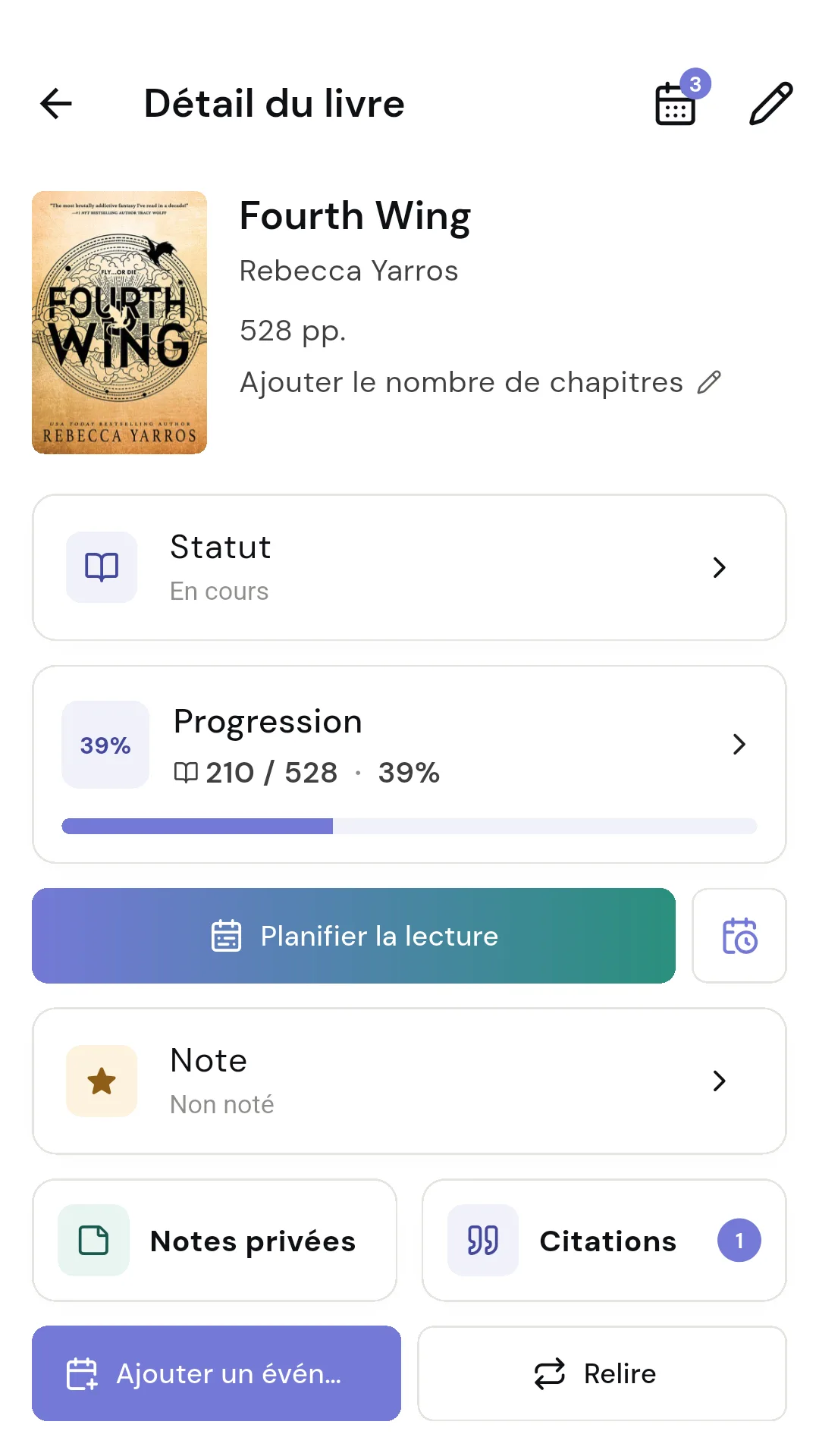 Planificateur de lecture répartissant les étapes dans le calendrier