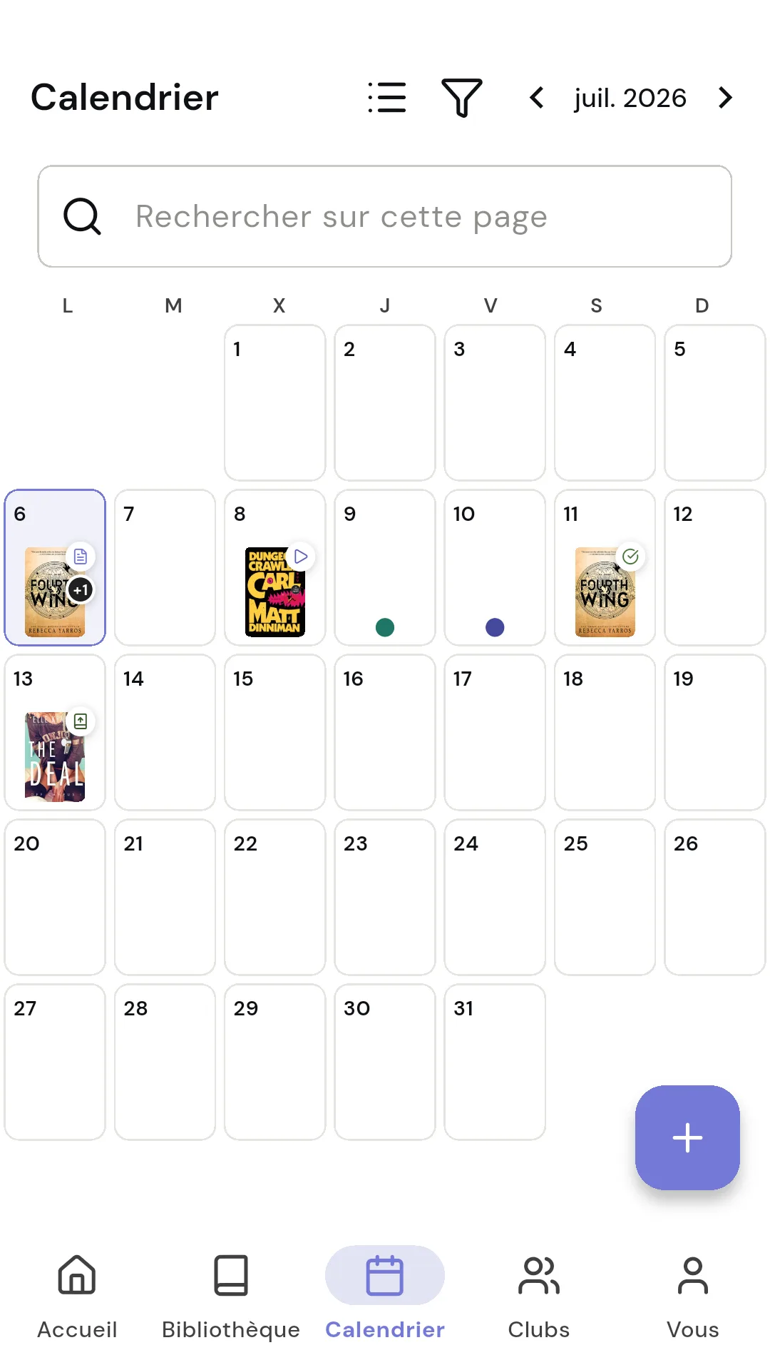 Écran d'accueil de Readendar avec les livres en cours et les accès rapides