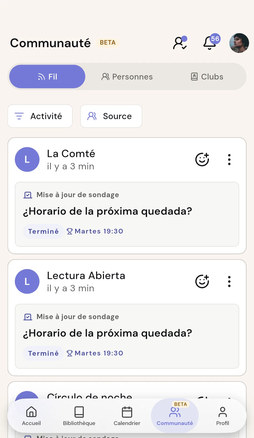 Fil communautaire Readendar avec des mises à jour de lecture