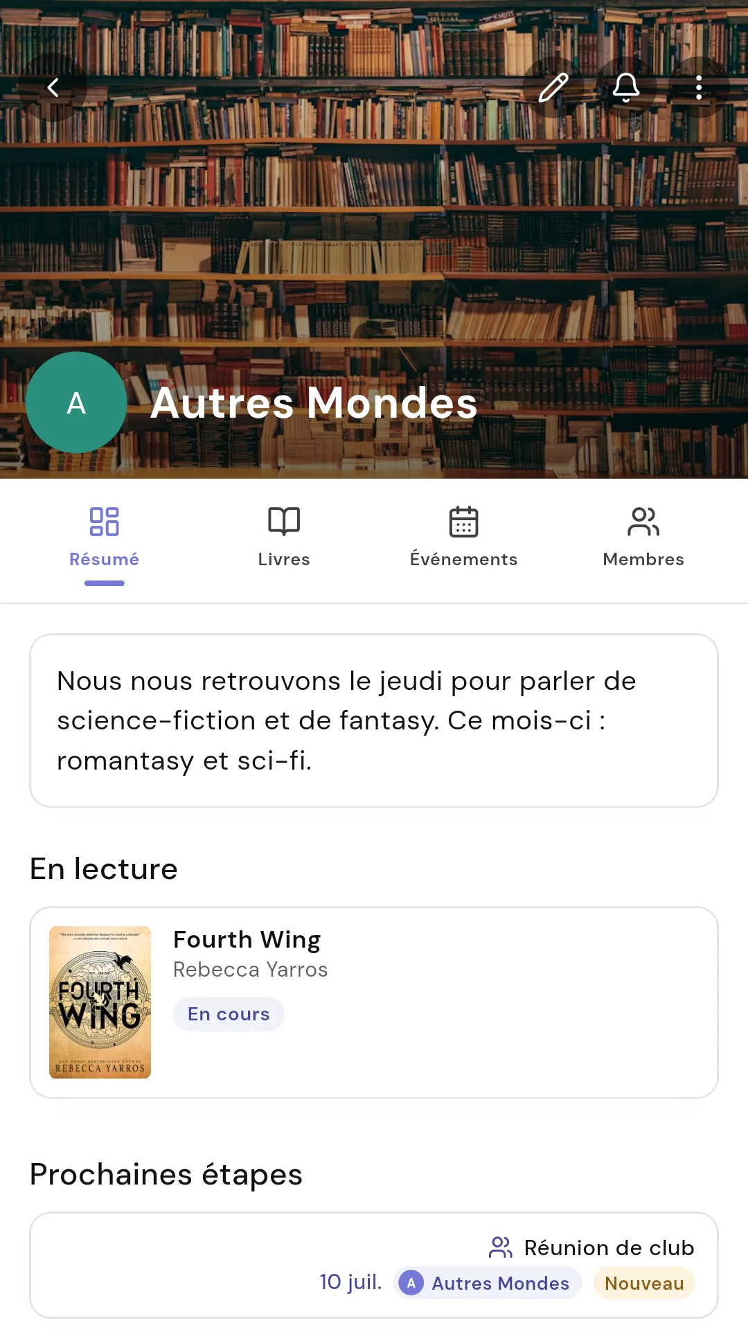 Détail d'un club de lecture avec ses lectures et ses événements