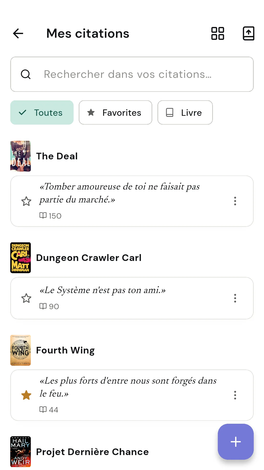 Écran d'accueil de Readendar avec les livres en cours et les accès rapides
