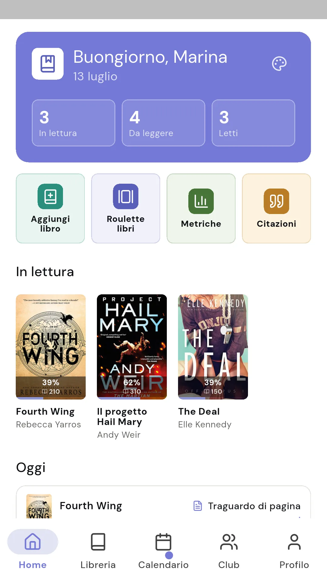 Schermata home di Readendar con libri in corso e accessi rapidi