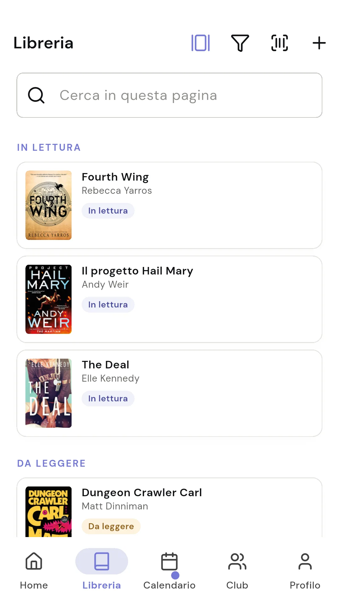 Libreria di Readendar con copertine e stati di lettura