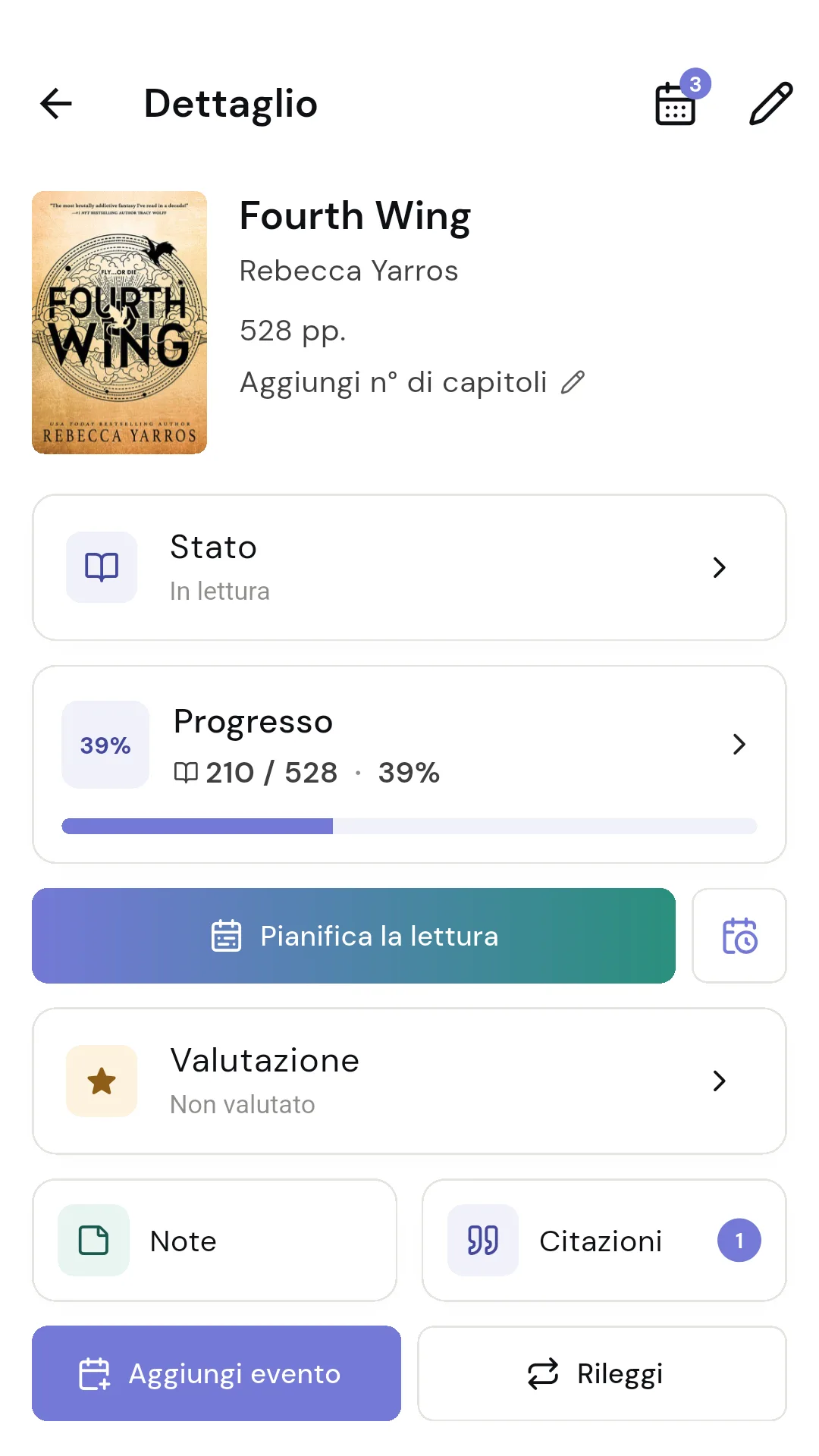 Planner di lettura che distribuisce le tappe nel calendario
