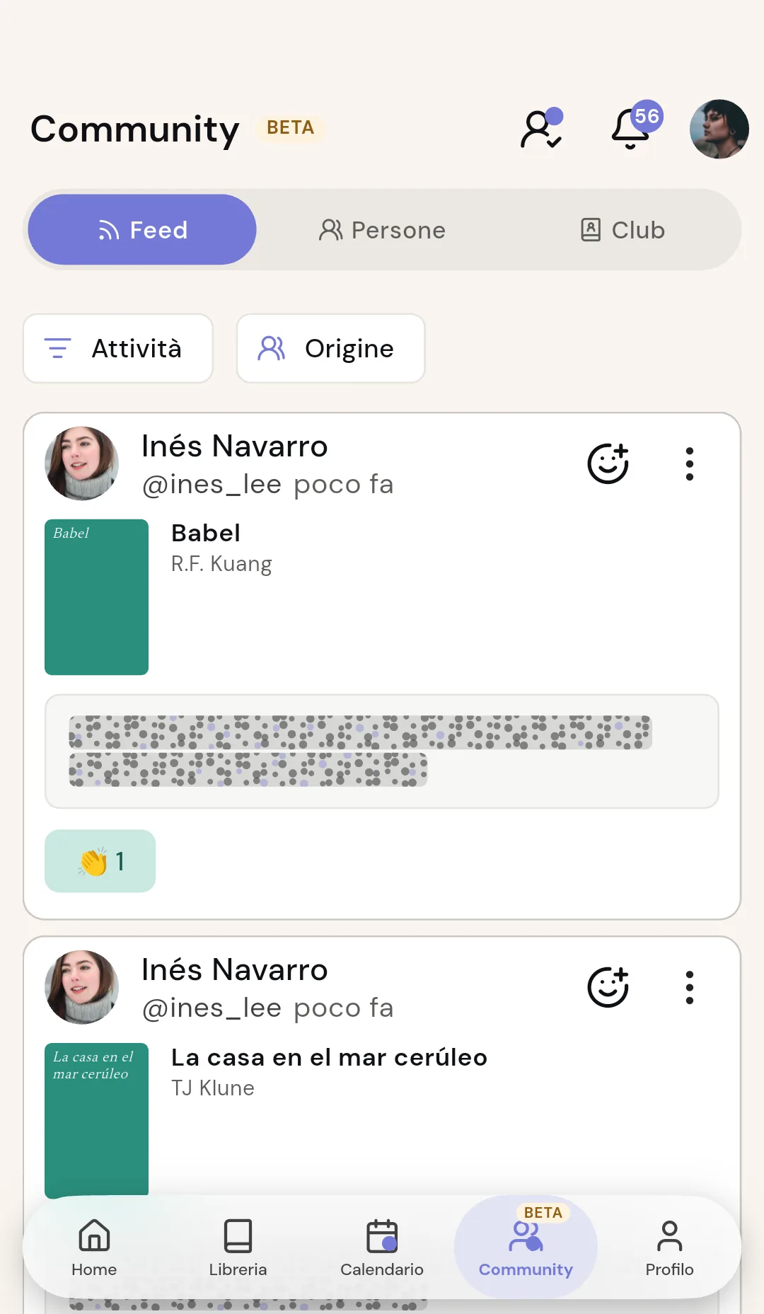 Feed community di Readendar con aggiornamenti di lettura