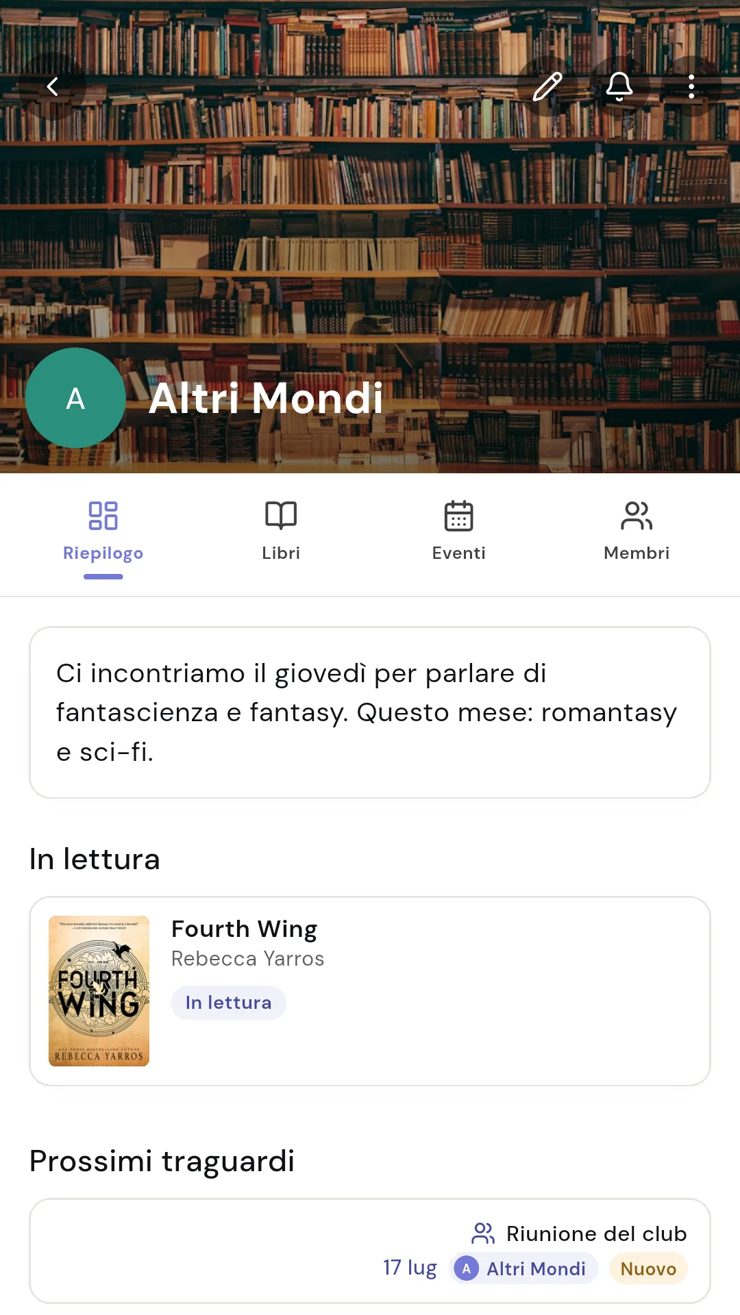 Dettaglio di un club di lettura con letture ed eventi