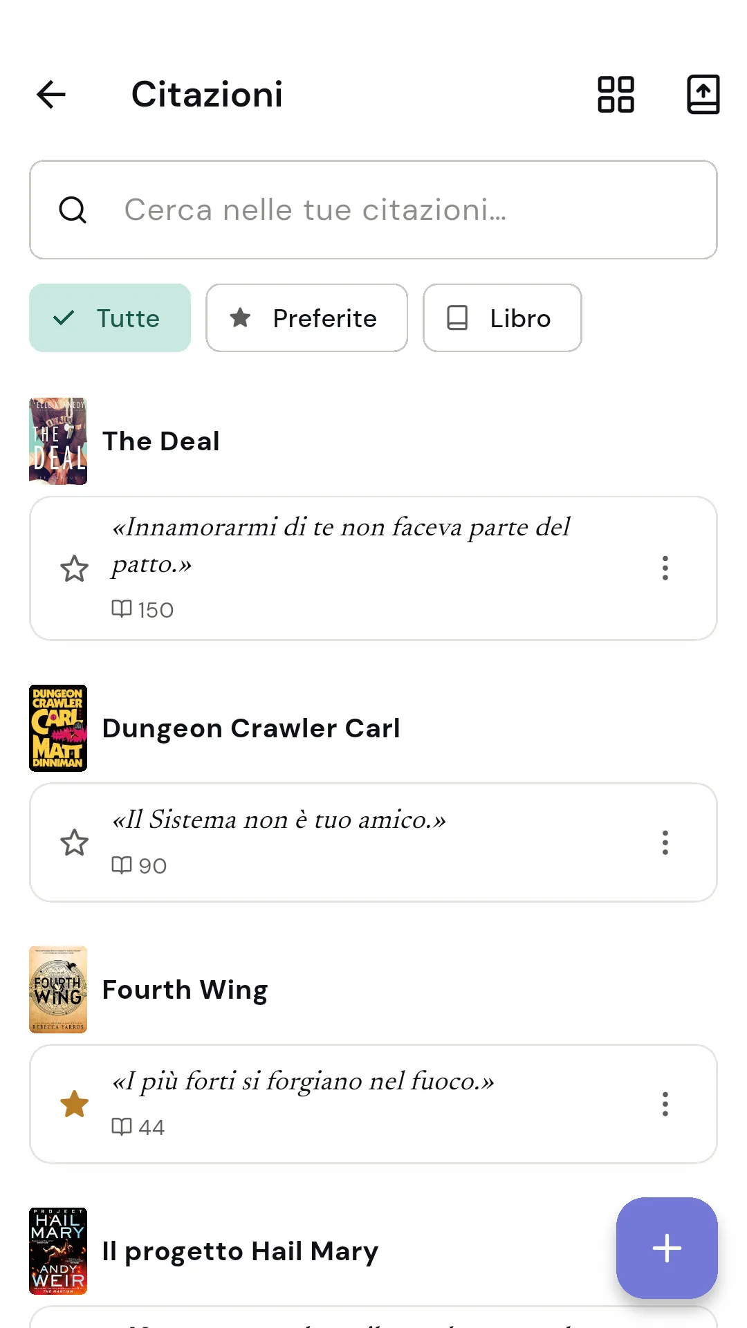 Schermata home di Readendar con libri in corso e accessi rapidi
