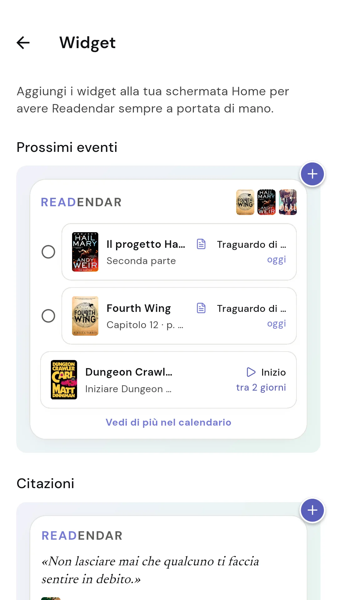 Widget di Readendar sulla schermata home