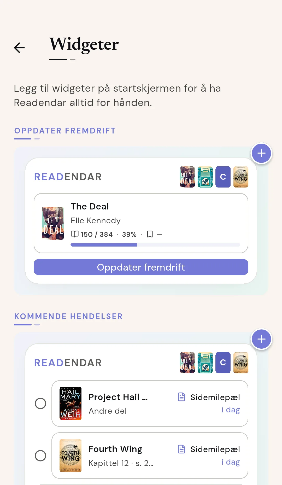 Readendar-widgeter på startskjermen