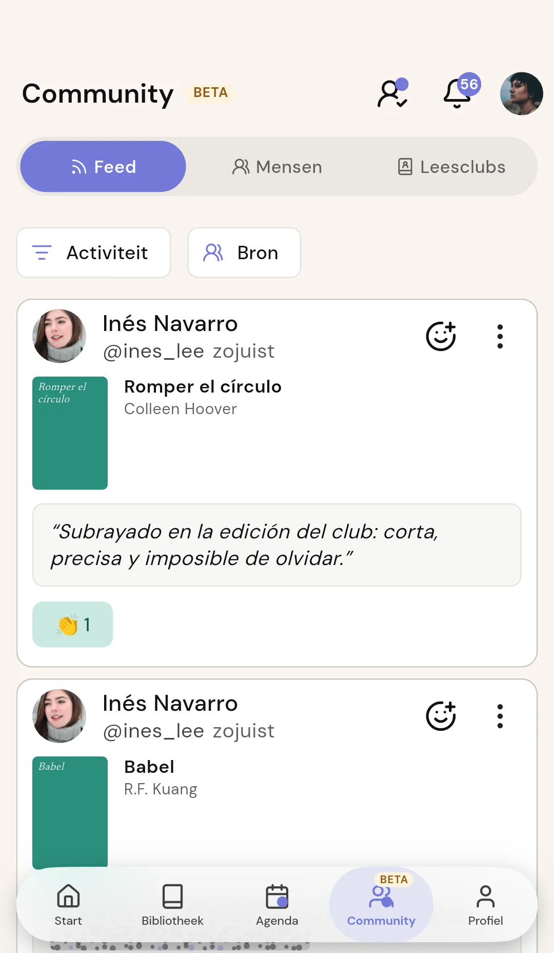 Readendar-communityfeed met leesupdates
