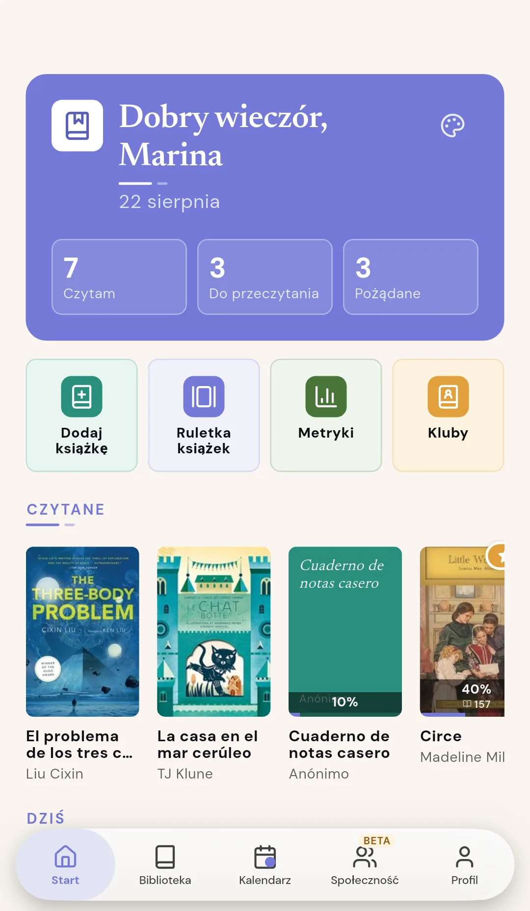 Ekran główny Readendar z książkami w trakcie i szybkimi akcjami