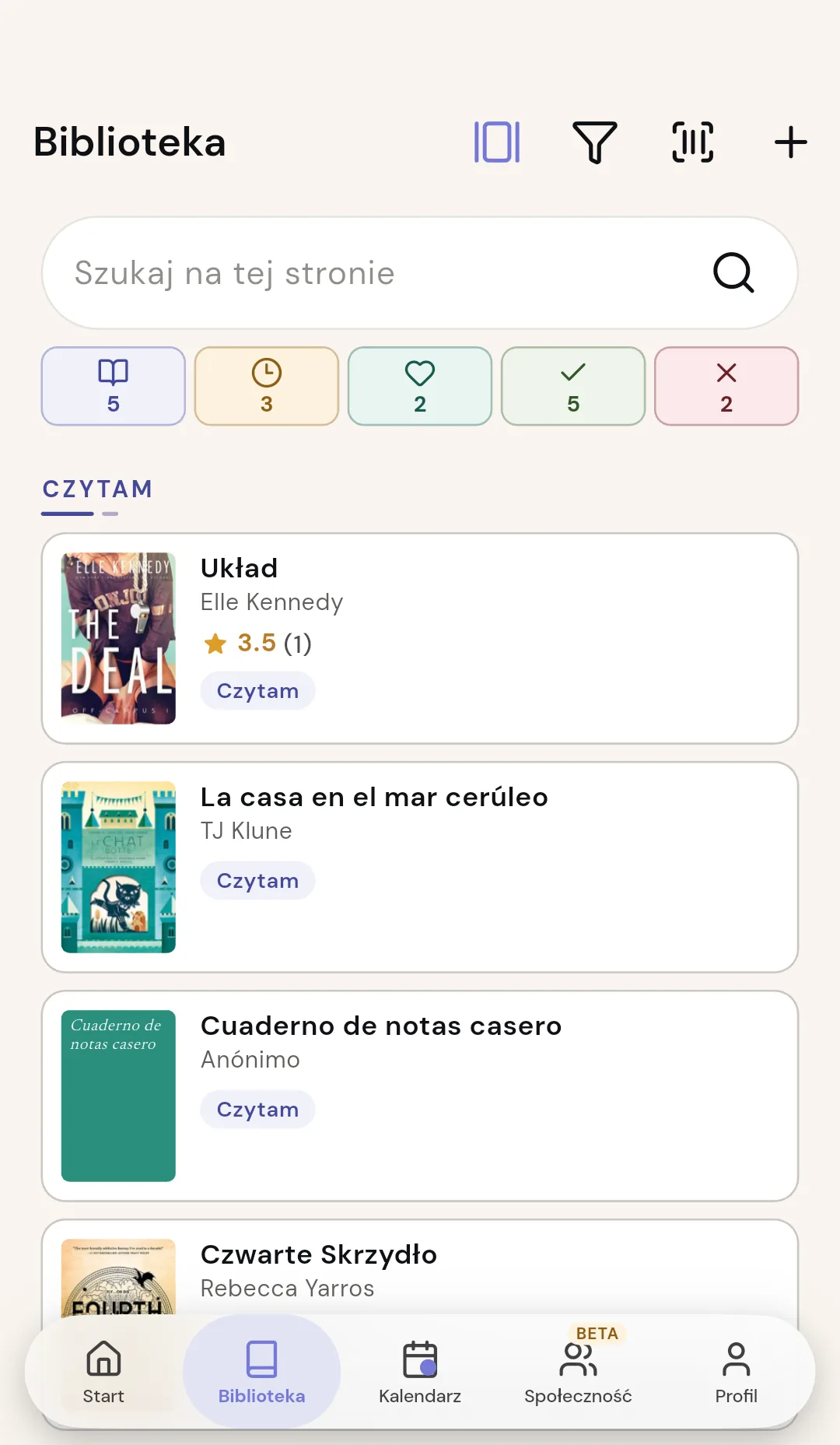 Biblioteka Readendar z okładkami i statusami czytania