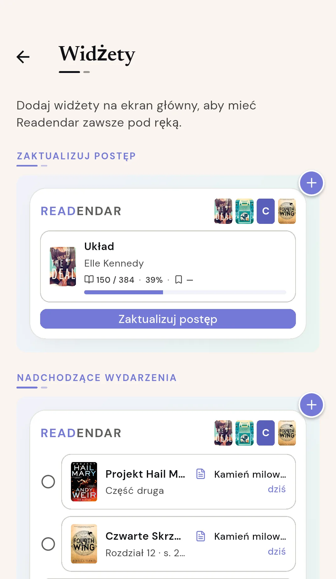 Widżety Readendar na ekranie głównym