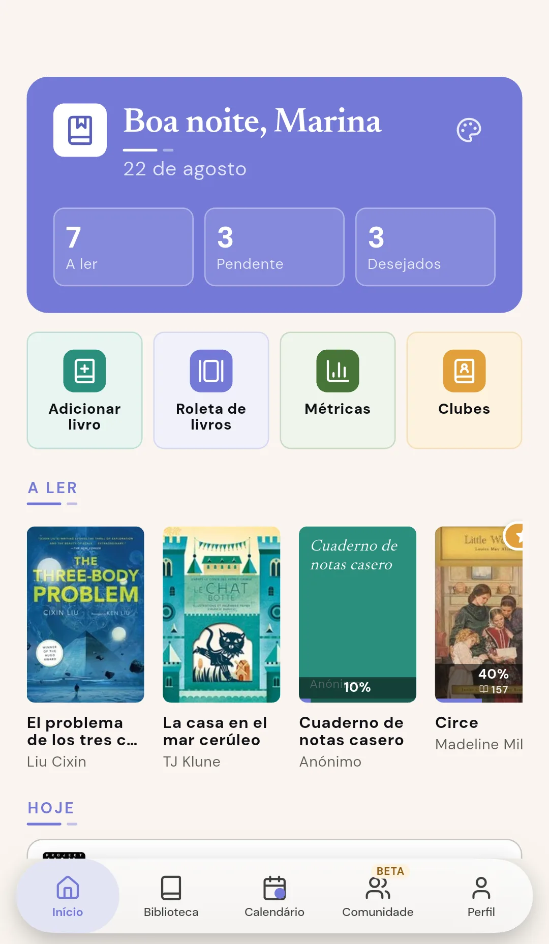 Tela inicial do Readendar com livros em andamento e ações rápidas