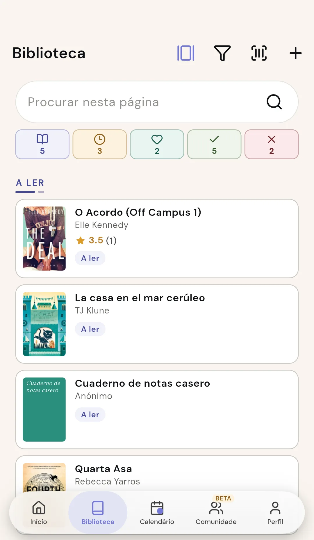 Biblioteca do Readendar com capas e status de leitura