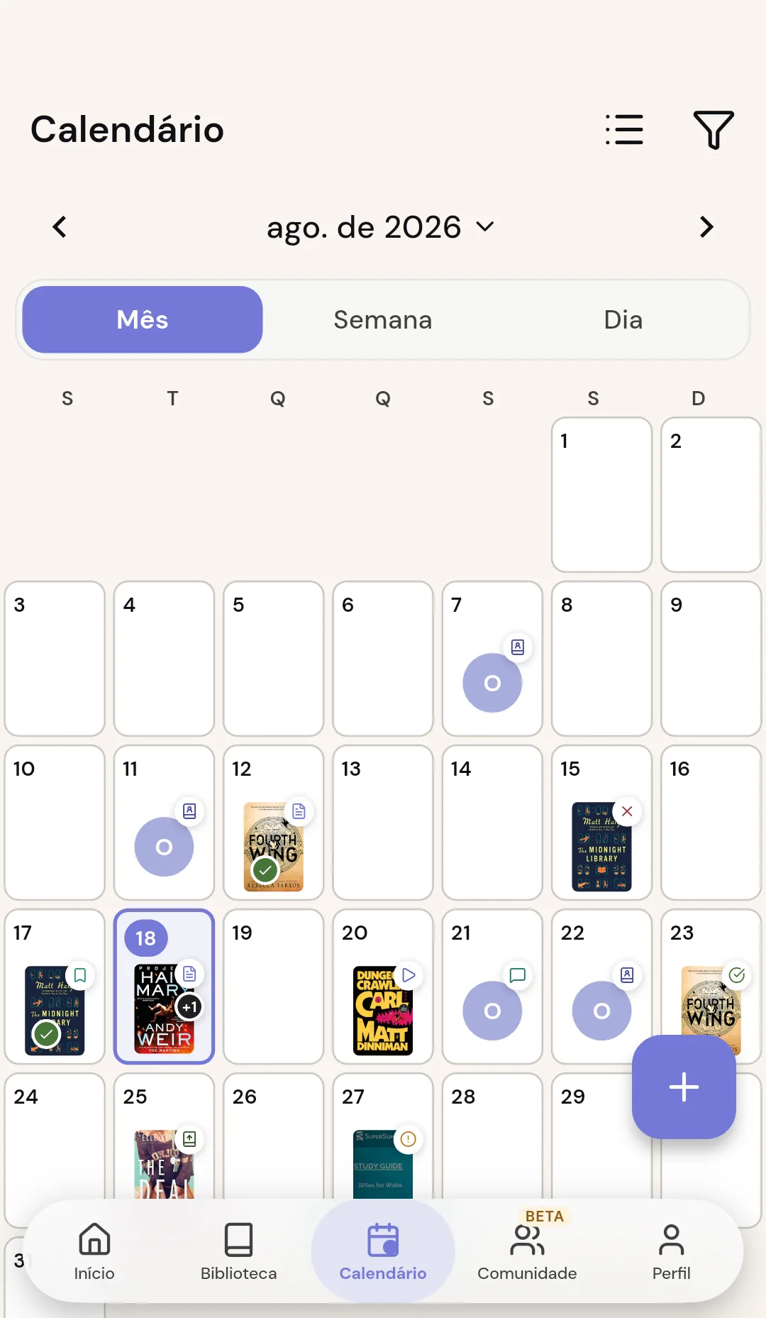 Calendário mensal do Readendar com metas de leitura