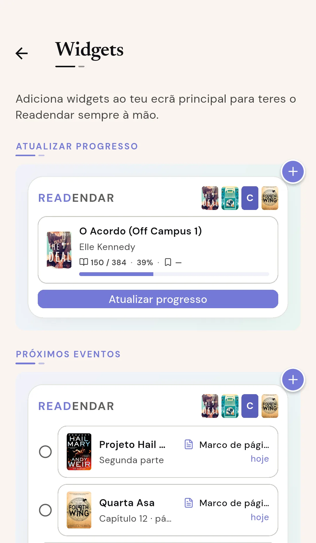 Widgets do Readendar na tela inicial