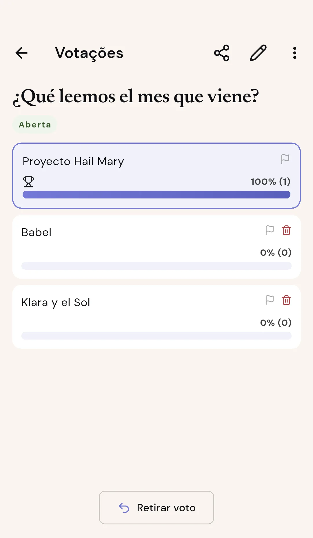 Enquete de um clube para escolher a próxima leitura