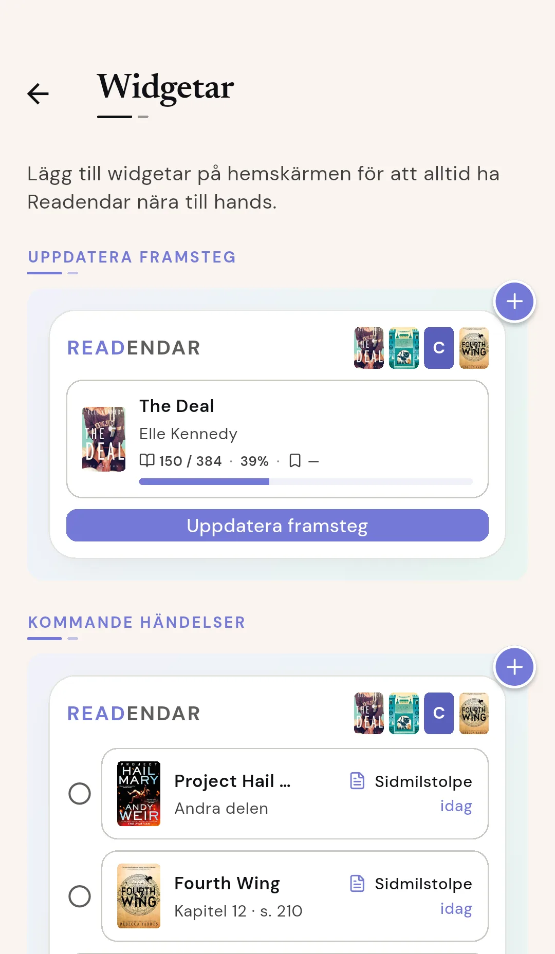 Readendar-widgetar på hemskärmen