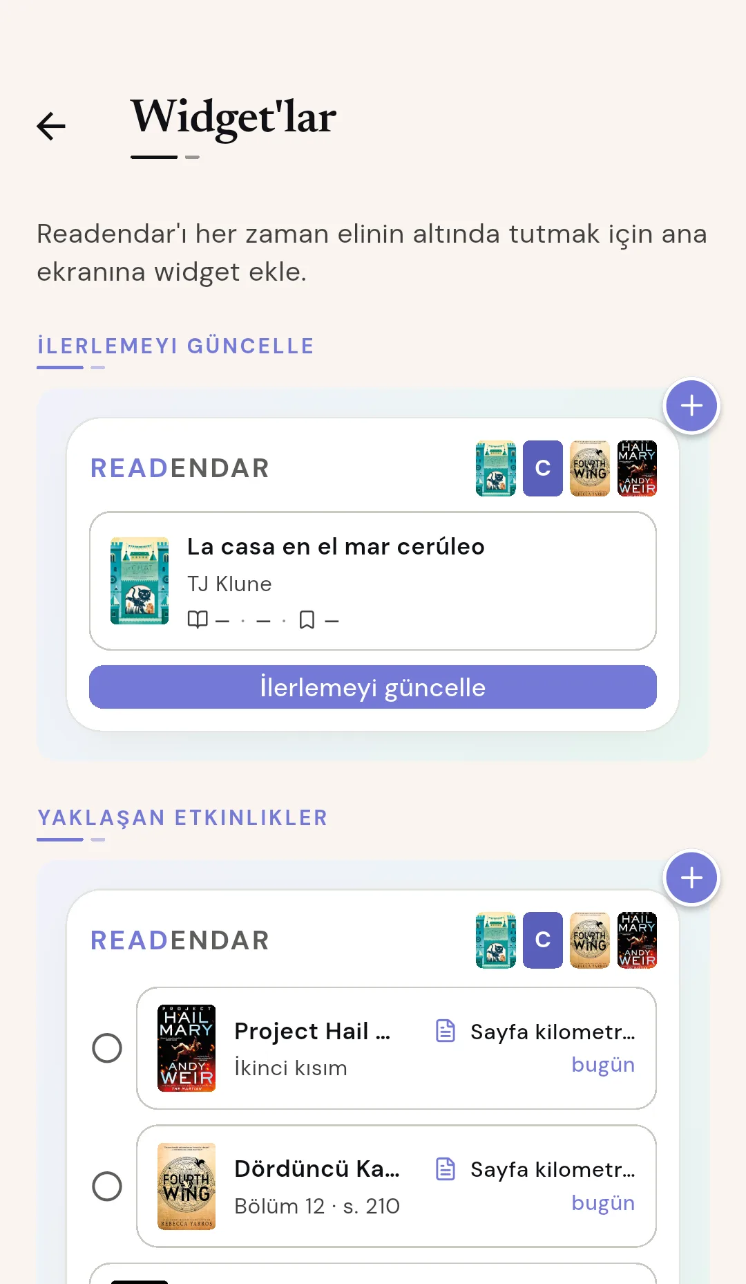 Ana ekranda Readendar widget'ları