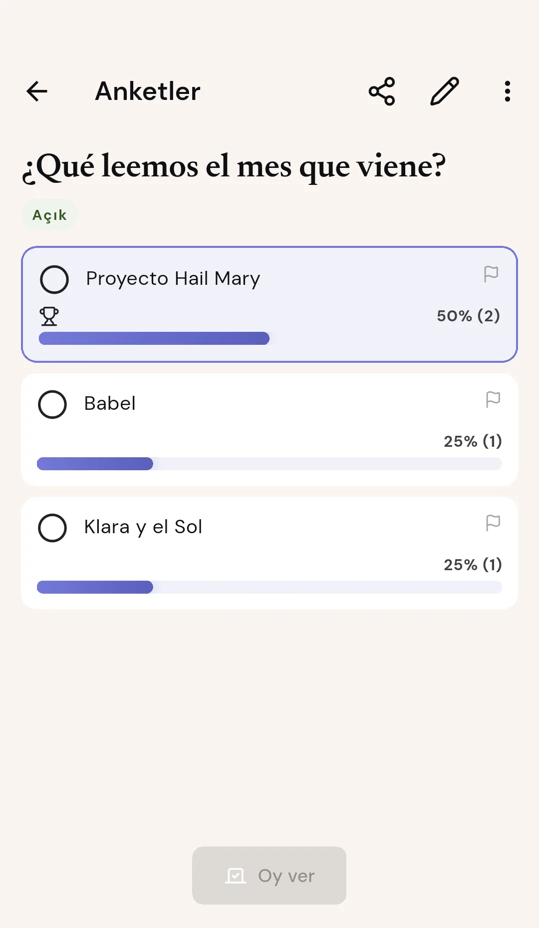 Sonraki kitabı seçmek için kulüp anketi